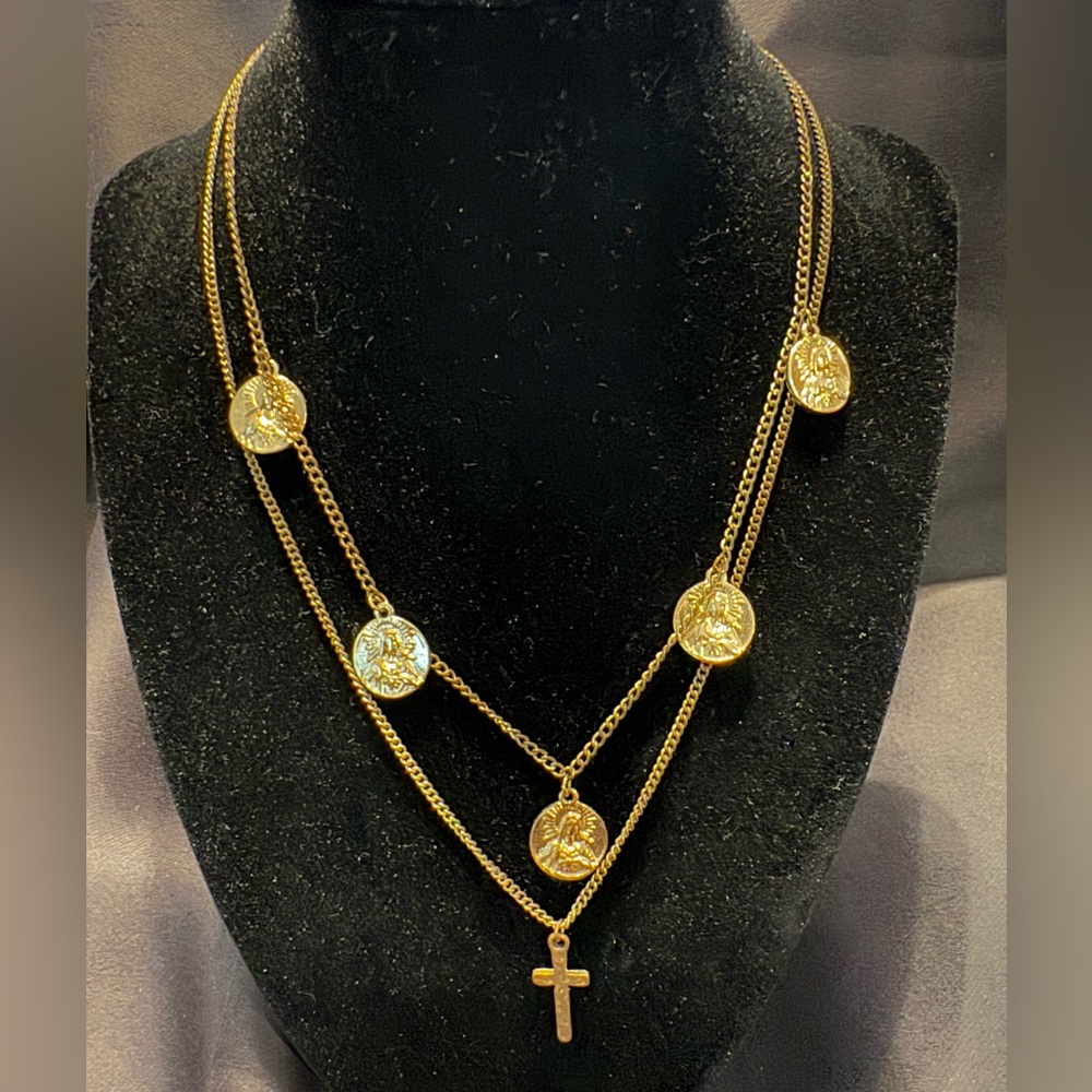 Double Stranded Religious Necklace Gold Color Adjustable Length 14-17 inches